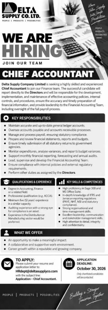 Delta Supply Company Limited Chief Accountant vacancy, application deadline October 30, 2026.