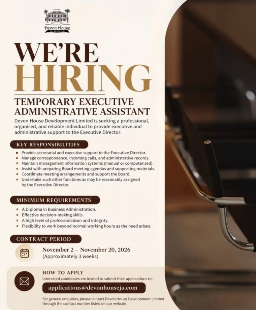 Temporary Executive Administrative Assistant Job – Devon House recruitment flyer