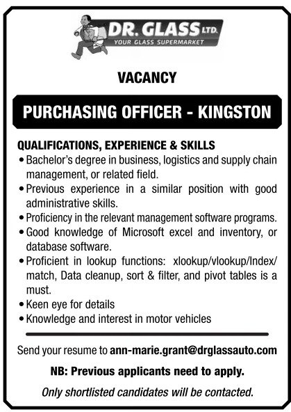 Job advertisement: Purchasing Officer Job in Kingston – Dr. Glass Ltd.
