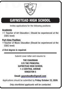 Job advertisement: Art Education Teacher & Music Education Teacher Vacancies – Gaynstead High School, Kingston