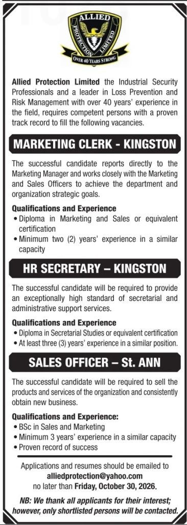 Job advertisement: Allied Protection Limited Jobs – Kingston & St. Ann 2026