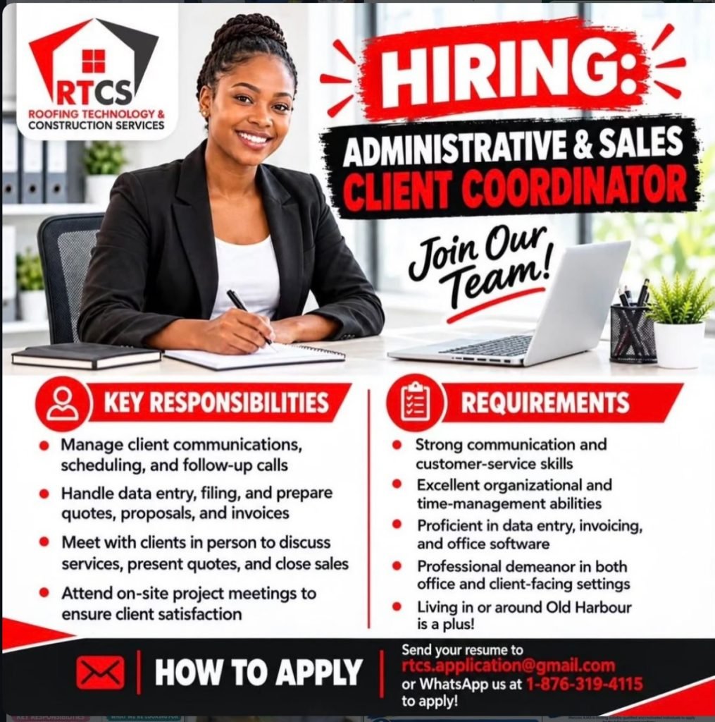 Job advertisement: Administrative & Sales Client Coordinator Job – Old Harbour, St. Catherine