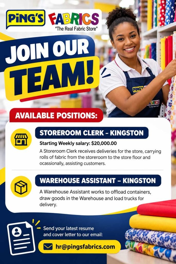 Job advertisement: Storeroom Clerk & Warehouse Assistant Jobs in Kingston – Ping’s Fabrics