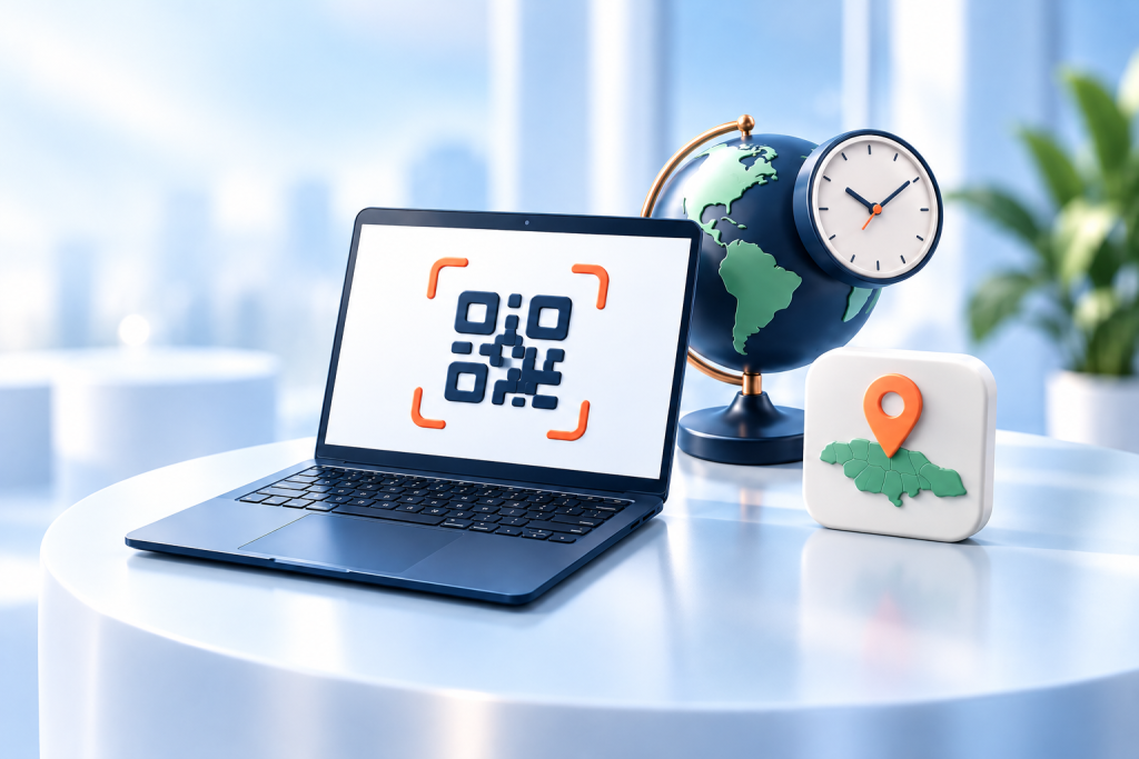 Illustration of a laptop QR scanner, globe clock and location pin