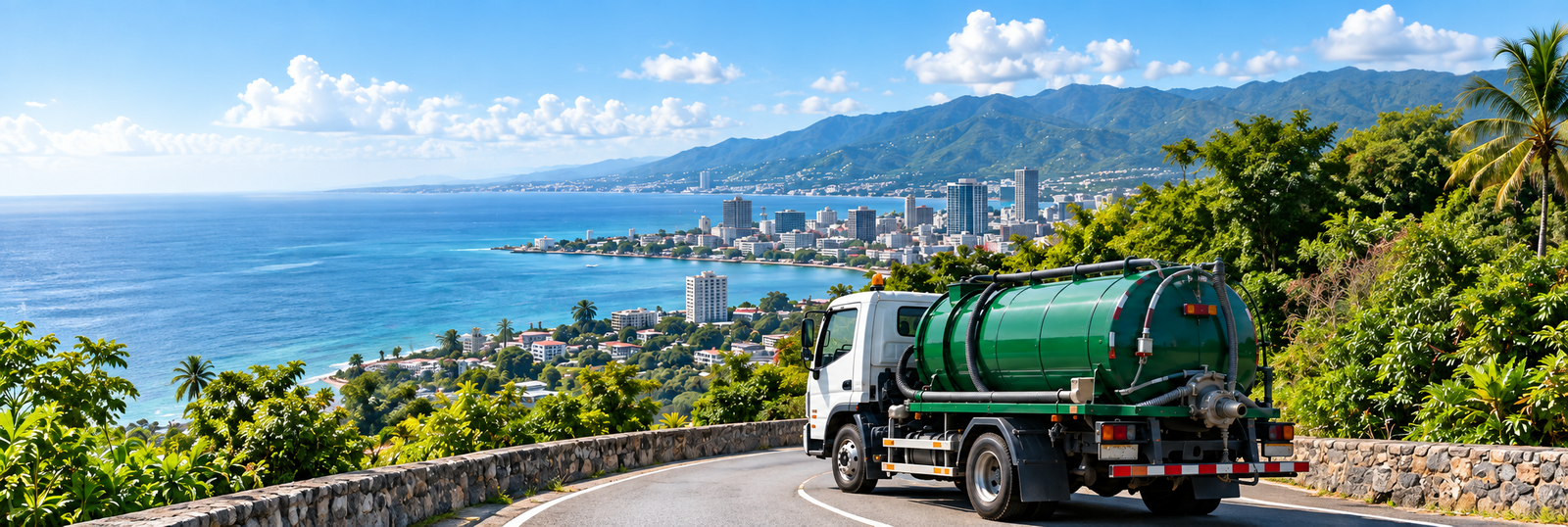Illustration of a cesspool service tanker on a Jamaican coastal road.