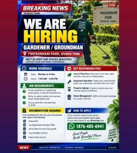 Job advertisement: Gardener / Groundsman Job in Twickenham Park, Spanish Town