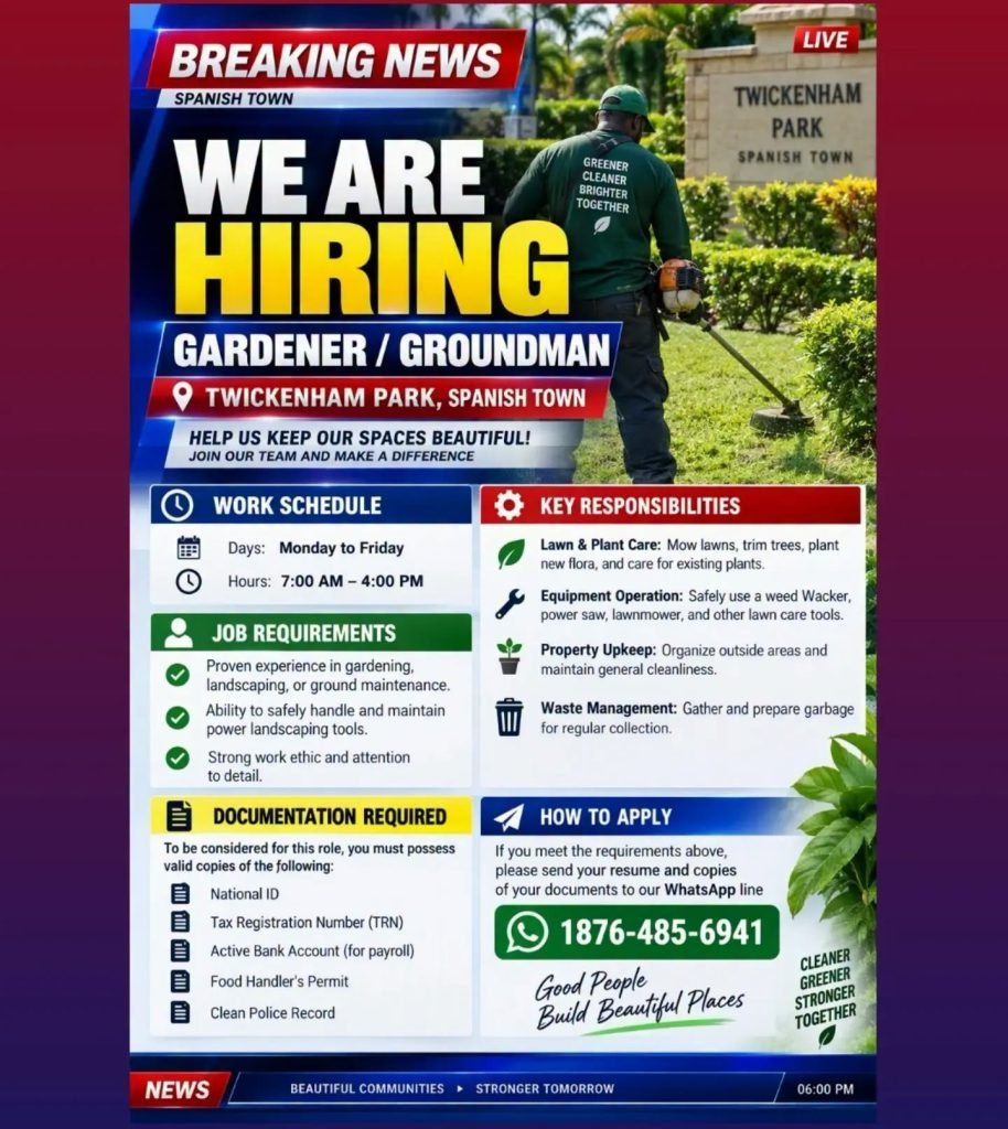 Gardener / Groundsman Job in Twickenham Park, Spanish Town. Contact +18764856941.