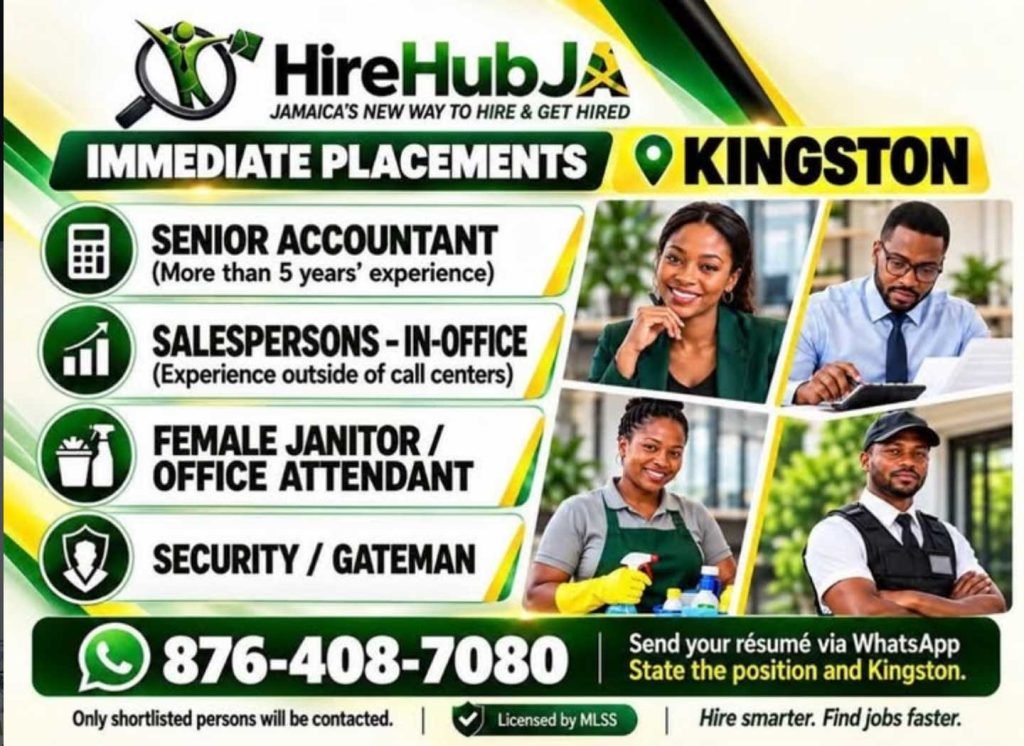 Job advertisement: HireHubJA Jobs in Kingston – Accounting, Sales, Janitorial & Security