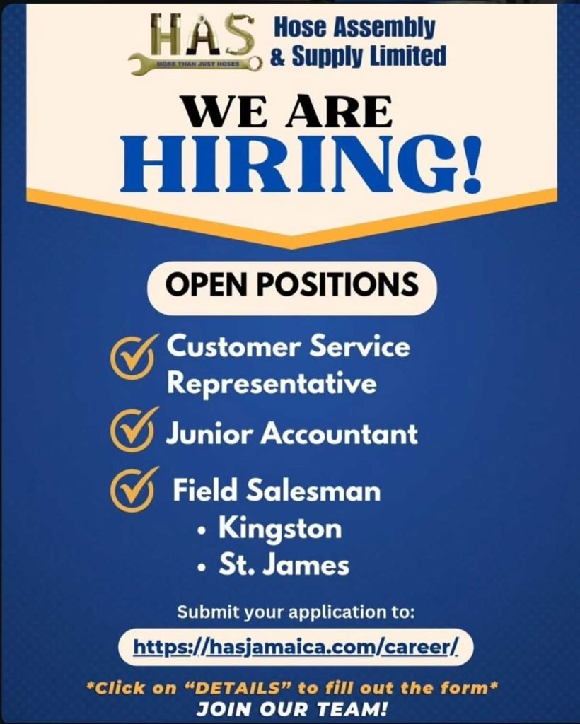 Hose Assembly & Supply Limited recruitment flyer for Customer Service Representative, Junior Accountant and Field Salesman roles