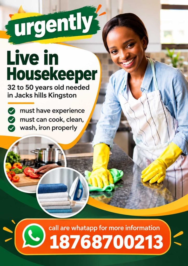 Job advertisement: Urgent Live-In Housekeeper Job in Jacks Hill, Kingston