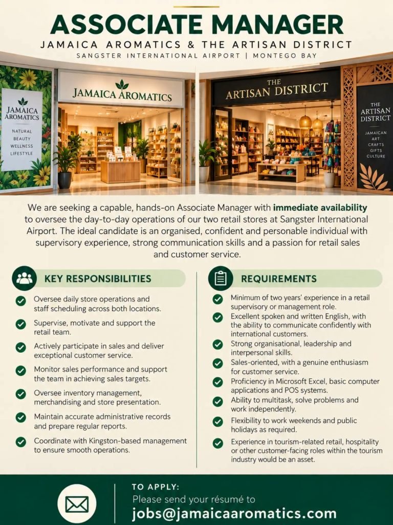 Associate Manager vacancy at Jamaica Aromatics and The Artisan District, Sangster International Airport, Montego Bay.