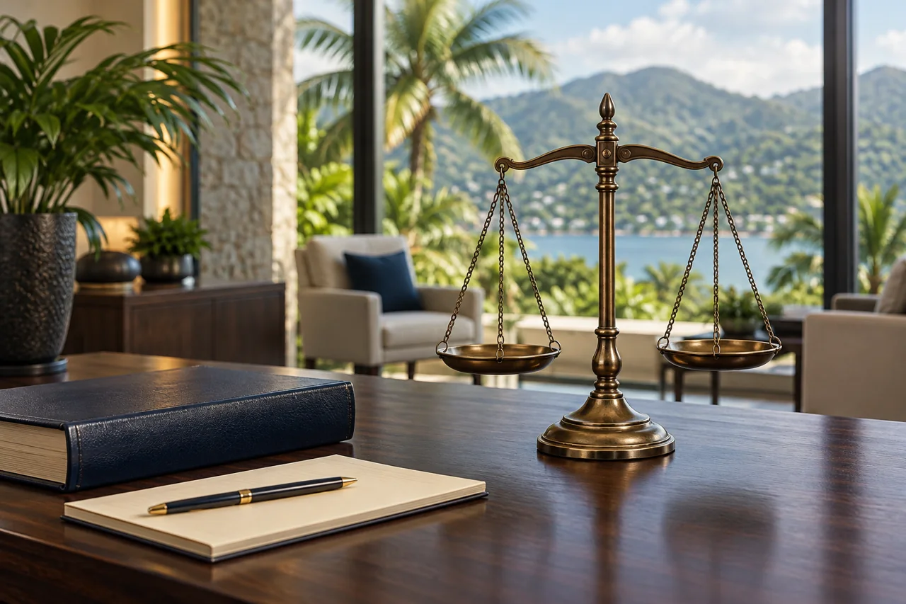 Bronze balance scales and a law book in a tropical office setting