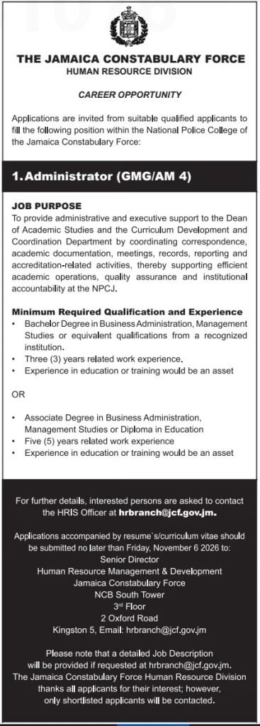 Job advertisement: Administrator (GMG/AM 4) Job – Jamaica Constabulary Force
