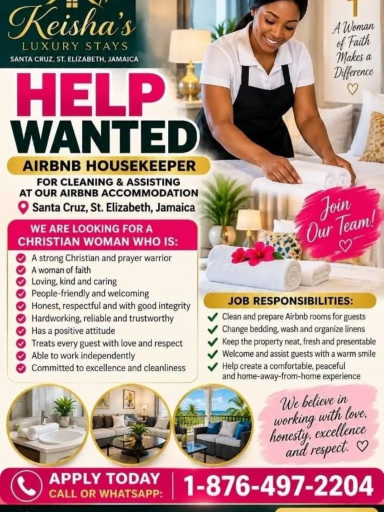 Airbnb Housekeeper Job in Santa Cruz – Keisha’s Luxury Stays recruitment flyer. Call or WhatsApp +18764972204.
