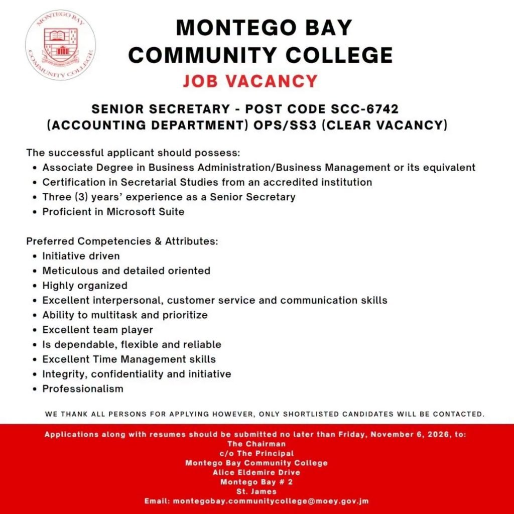 Senior Secretary Job – Montego Bay Community College, Accounting Department recruitment flyer. Apply by email: montegobay.communitycollege@moey.gov.jm.