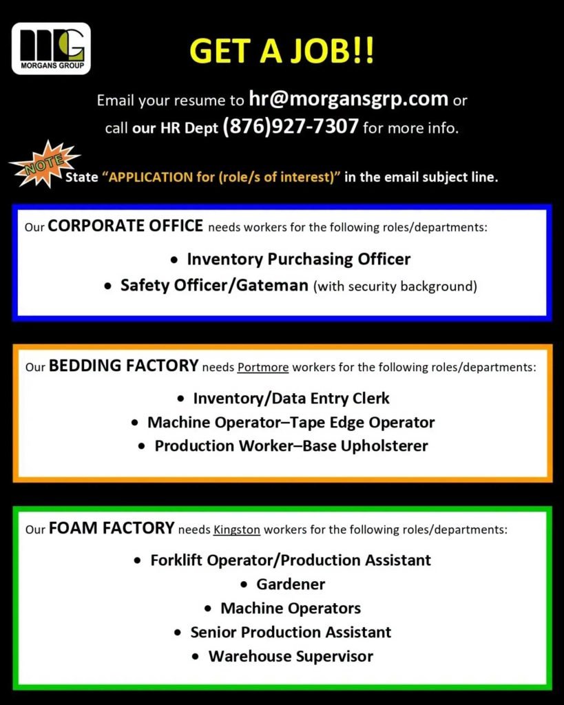 Morgans Group recruitment flyer listing corporate office, Portmore bedding factory and Kingston foam factory vacancies