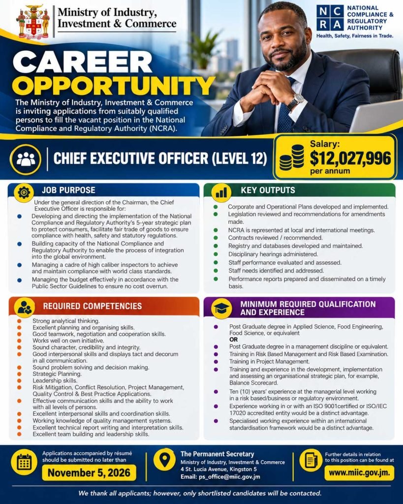 NCRA Chief Executive Officer Level 12 vacancy: J$12,027,996 per annum; apply to ps_office@miic.gov.jm by November 5, 2026.
