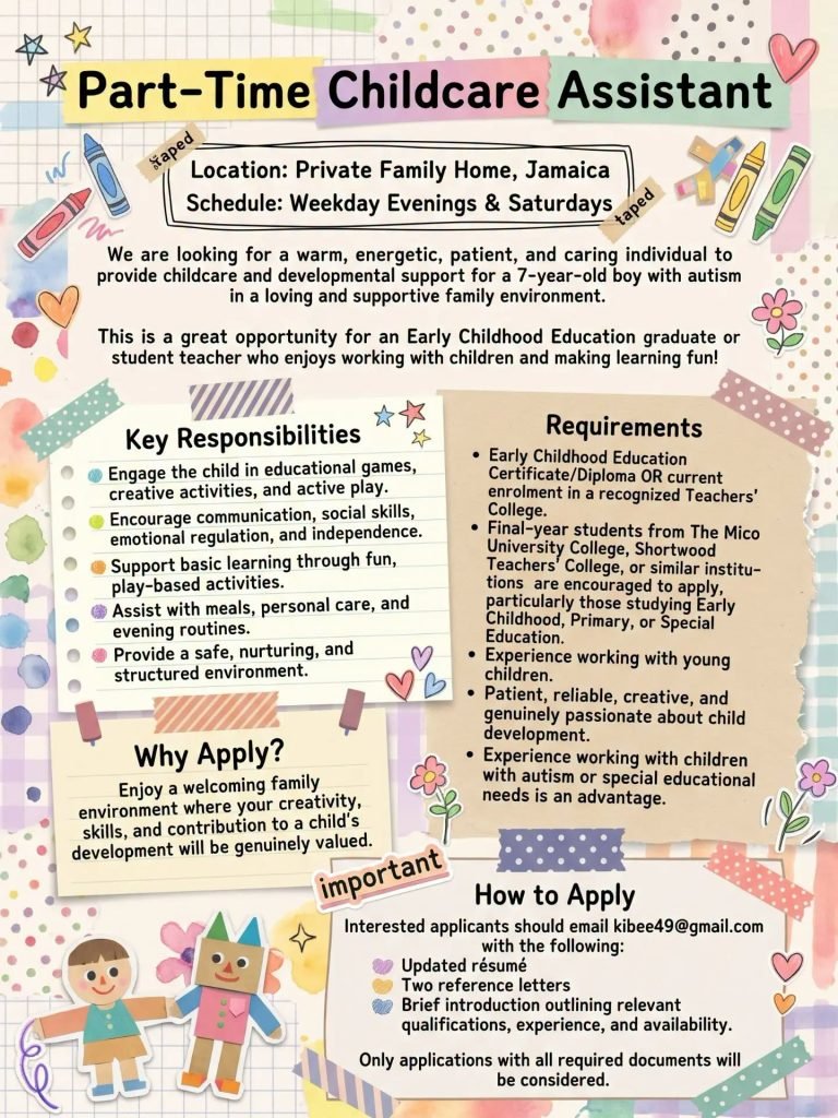 Part-Time Childcare Assistant Job – Private Family Home, Jamaica recruitment flyer. Apply by email: kibee49@gmail.com.