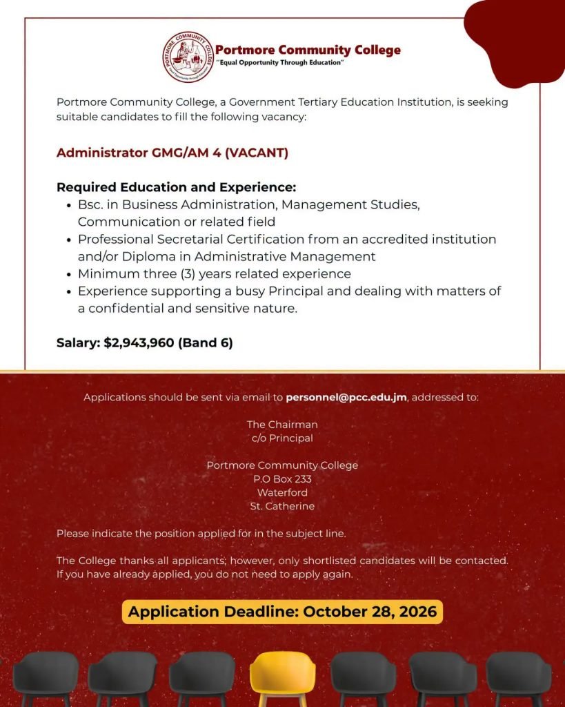 Job advertisement: Administrator (GMG/AM 4) Job – Portmore Community College