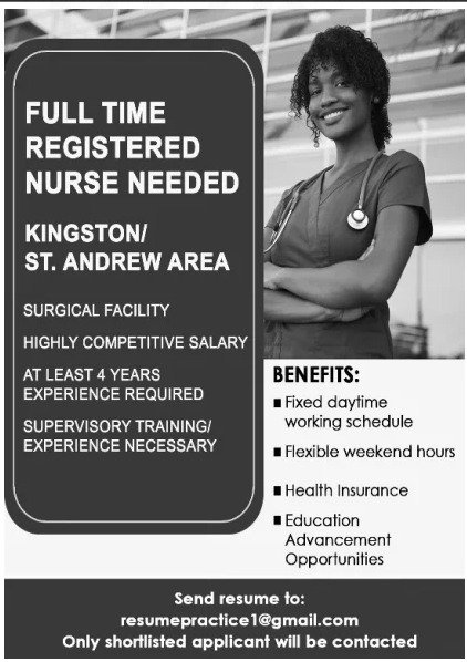 Job advertisement: Full-Time Registered Nurse Job – Kingston / St. Andrew