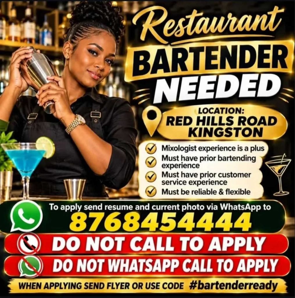 Restaurant Bartender vacancy on Red Hills Road, Kingston; apply by WhatsApp message using code bartenderready