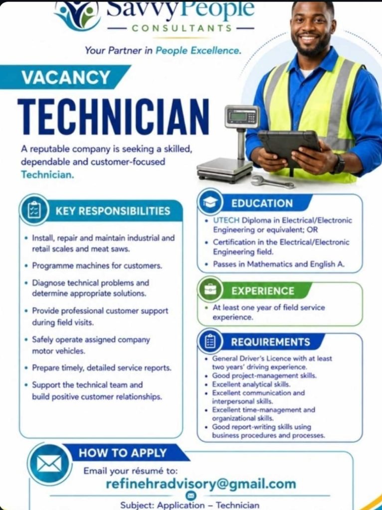 Job advertisement: Technician Vacancy – Industrial Scales & Meat Saws | SavvyPeople Consultants
