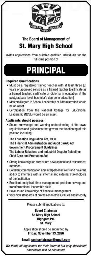 Job advertisement: Principal Job – St. Mary High School, Highgate