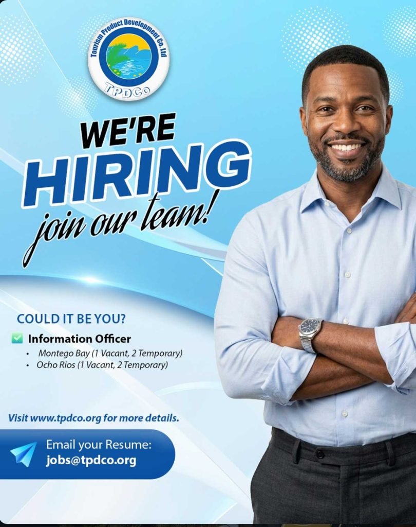 TPDCo Information Officer recruitment flyer for six positions in Montego Bay and Ocho Rios, including four temporary posts